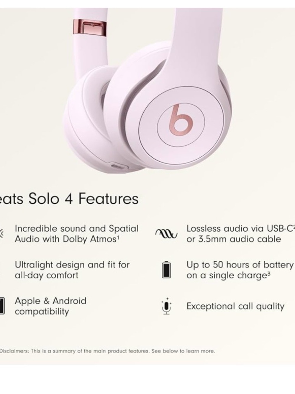 Beats Solo 4 Wireless Over-Ear Headphones in Light Gray with Rose Gold Accents. - Picture 6 of 8